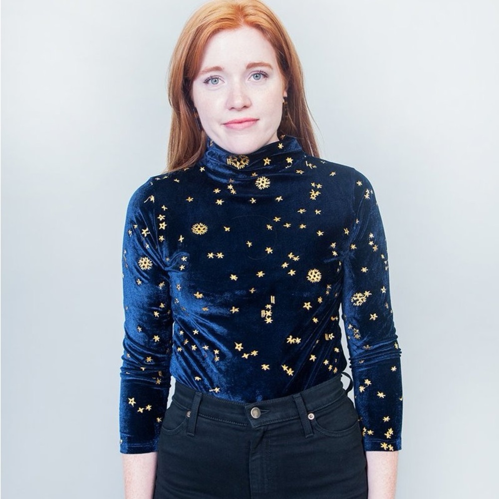 Elegant Blue Velvet Top with Gold Accents Samantha Pleet